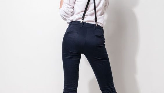 Rear view of woman modeling X-back suspenders